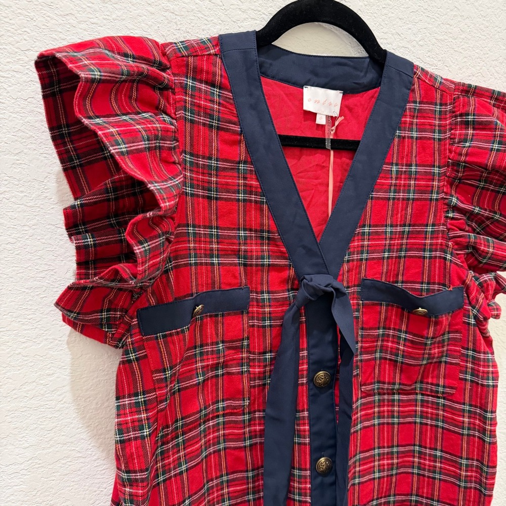 Entro Red Plaid Ruffle Sleeve Mini Dress Navy Bow Accent Gold Button Front L - Picture 2 of 5